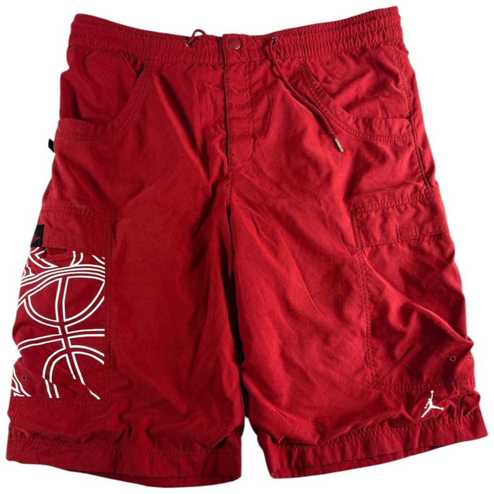 VTG Jordan Cargo‎ Shorts Mens Medium Red Mesh Lined Flat Front Drawstring Sports